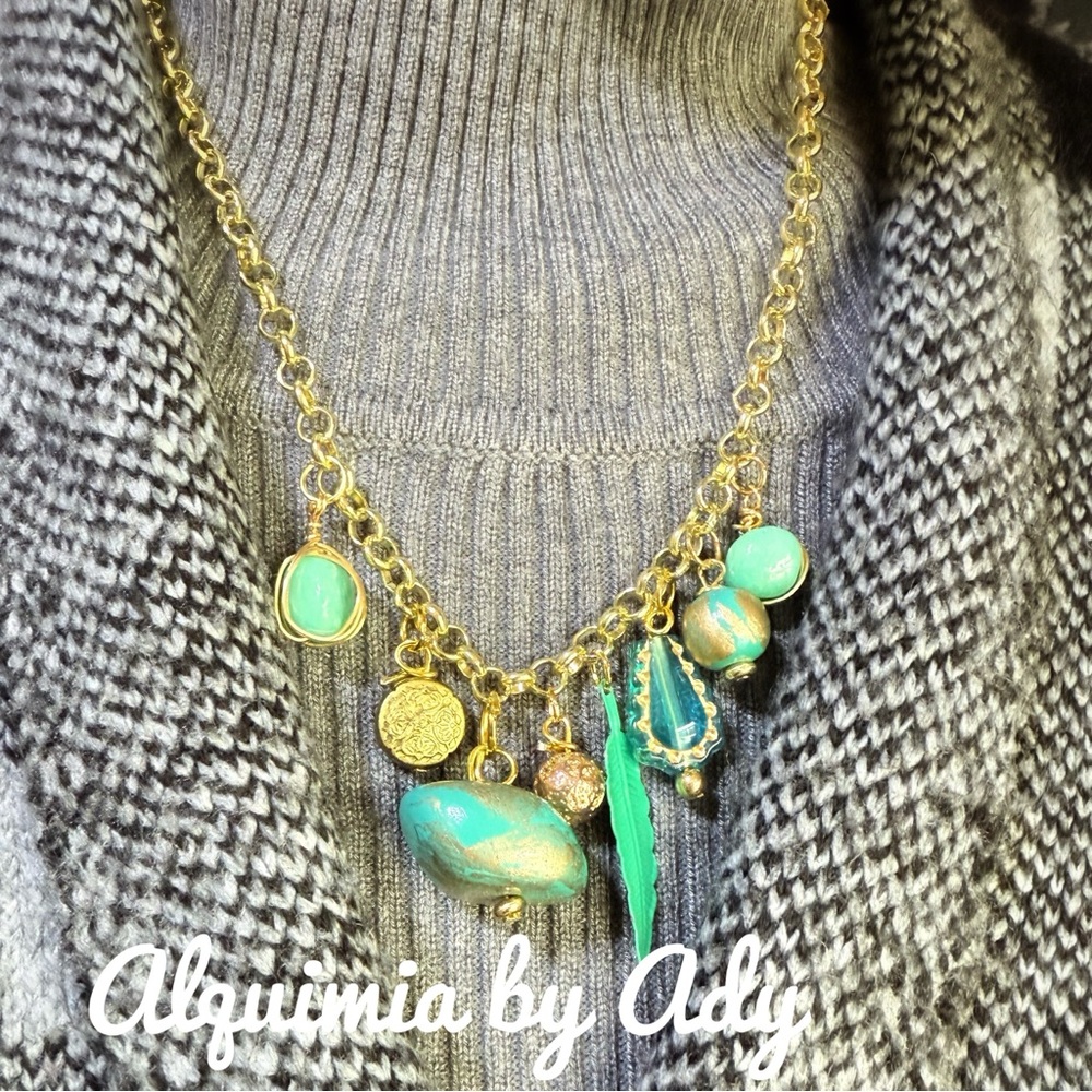 BOHO + Fall+  Gold and Green amazonite Charms necklace